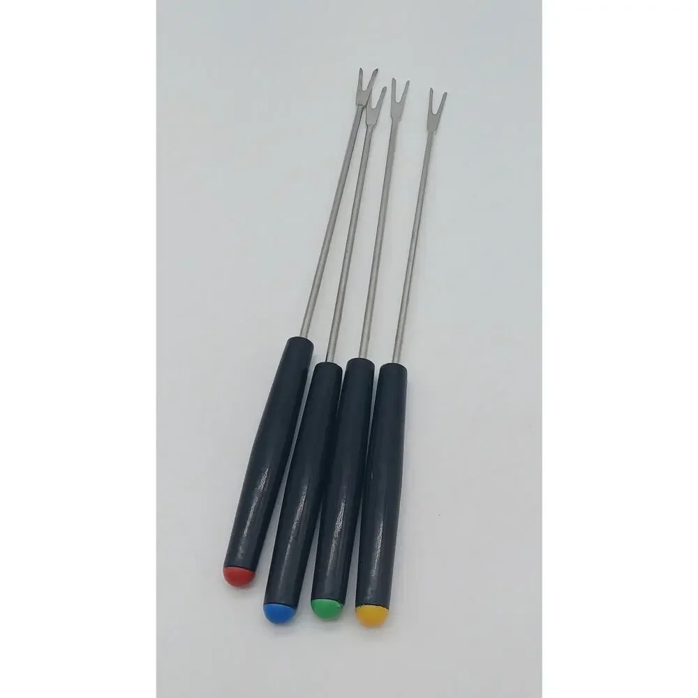 Set of 4 Vintage Fondue Forks Black Plastic Handles Red Yellow Green Blue Ends
